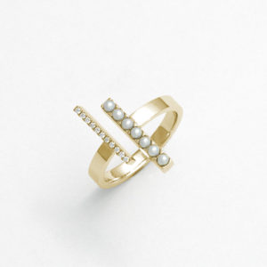 Double Bar Pearl and Diamond Ring